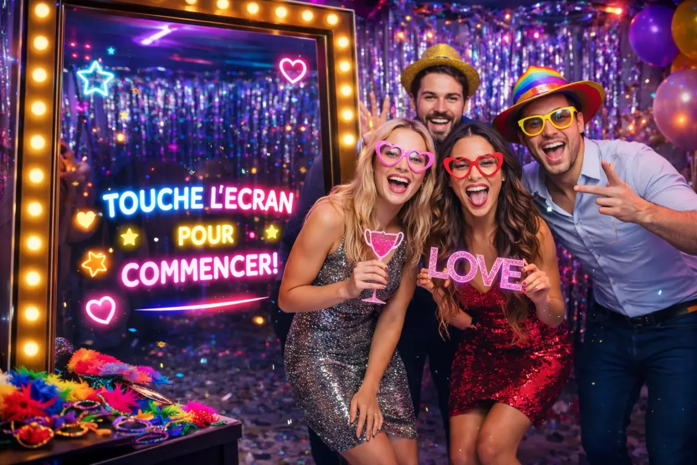 Invités devant le photobooth miroir tactile lors d’une soirée à Toulouse