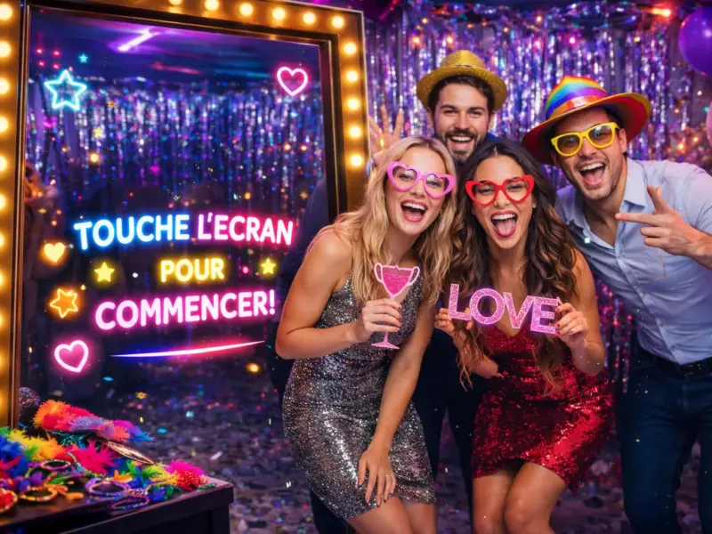 Invités devant le photobooth miroir tactile lors d’une soirée à Toulouse